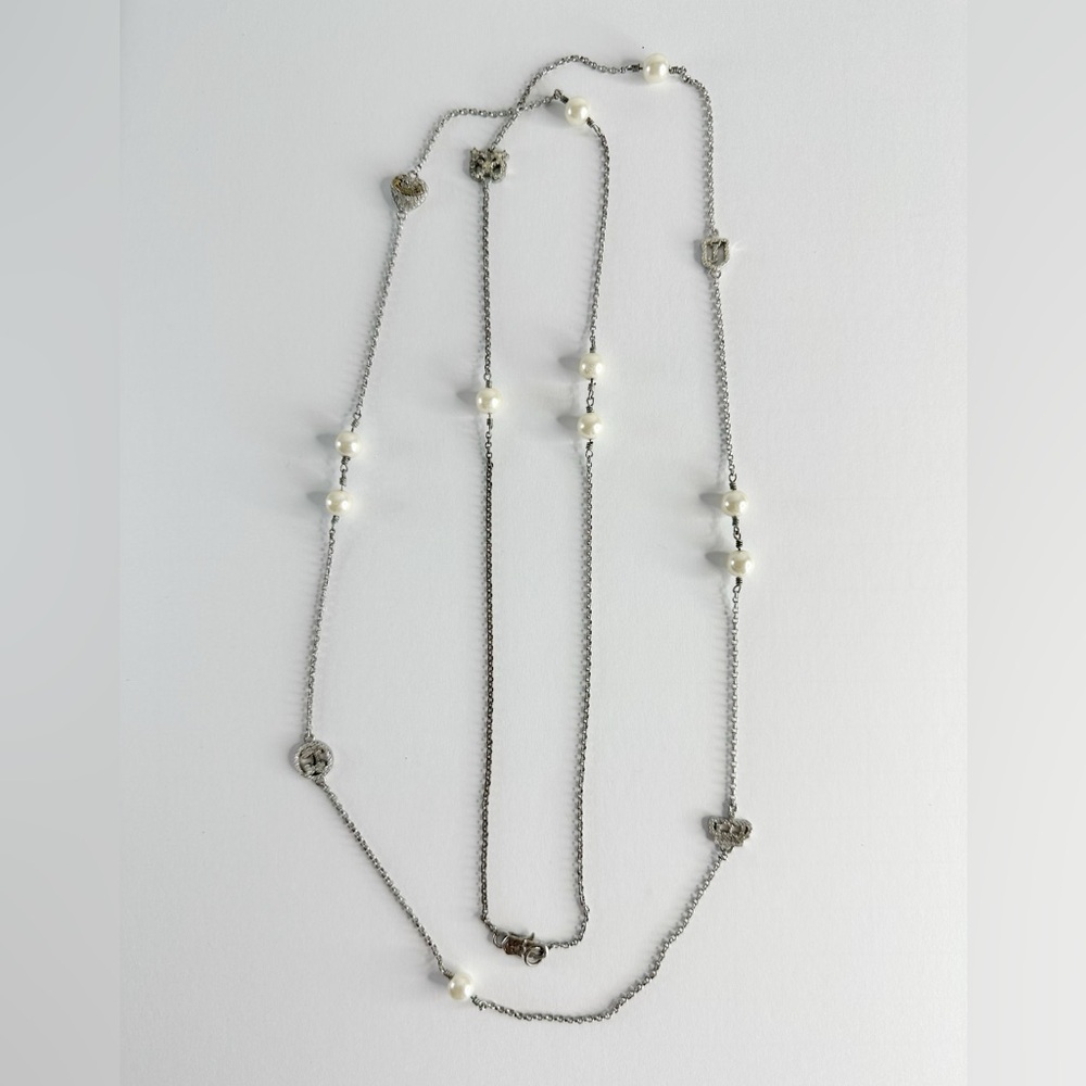 Juicy Couture Pave Icons Pearl Long Single Strand Silver Necklace